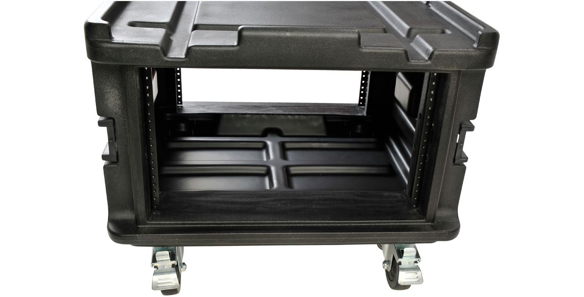 Front view of Rack Case with Wheels - Expandable Roto Molded showing interior rack space for vacuum or audio accessory kits.