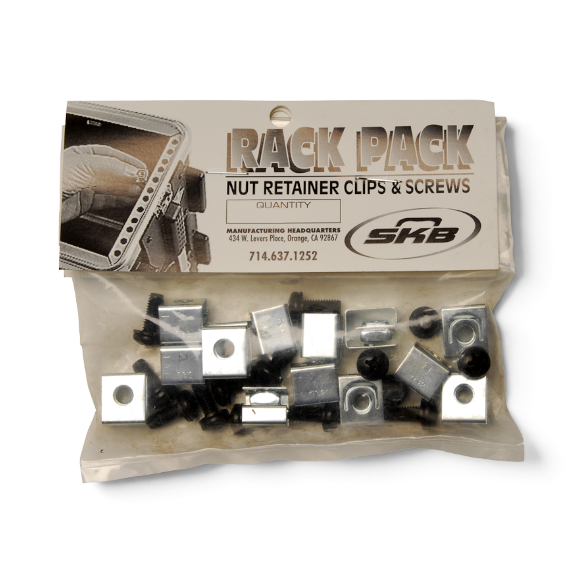 SKB Rack Mount Hardware Kit in retail packaging with nut retainer clips and screws, ideal accessory for rack cases and pro audio installations.