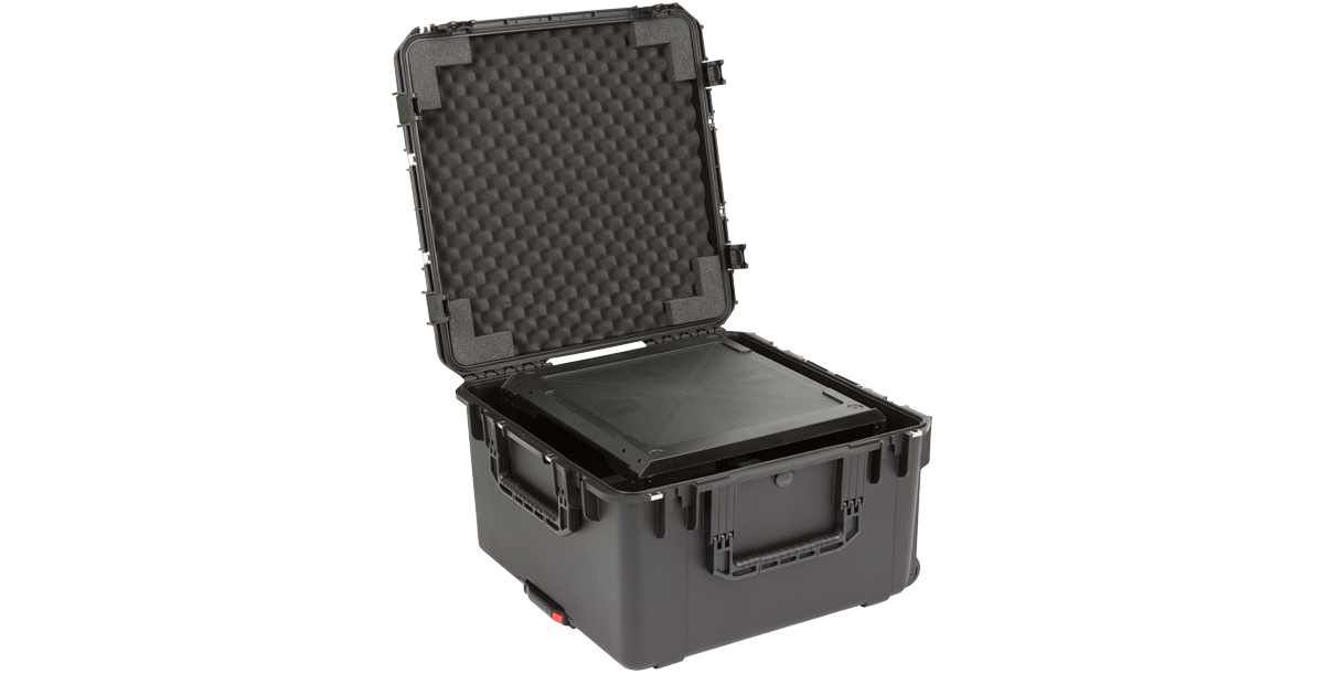 Injection molded 6U SKB Fly Rack flyRack with open lid and foam protection, ideal for flying and protecting sensitive electronics or audio gear.