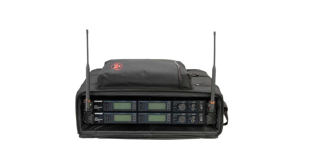Front view of 2U Rack Soft Case - Wireless Microphone with visible dual rack-mounted receivers and zippered front cover.