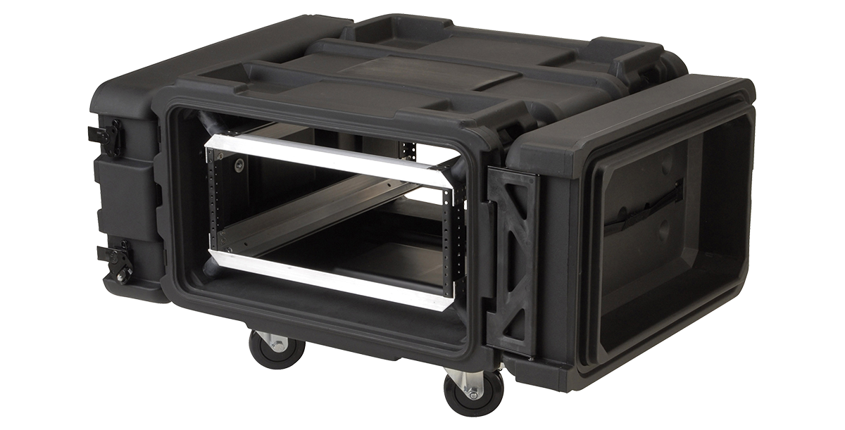 Angled view of empty 24 inch deep shock rack with roto-molded exterior and internal rails, ideal for rackmount servers and accessories.