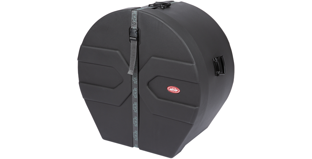 Angled side view of durable 14x26 marching bass drum case featuring molded Roto-X shell and ergonomic side handle for easy transport.