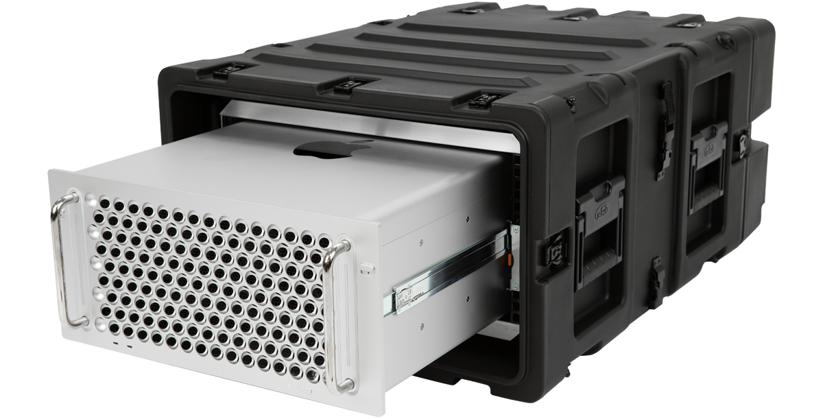 5U 24-inch deep shock rack case with Mac Pro sliding out. Rugged case built for pro audio and sensitive equipment transport.