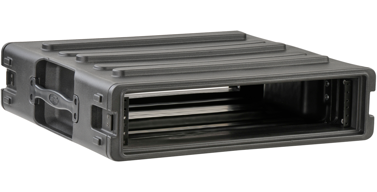 Side view of open 2U SKB Standard Roto Rack, emphasizing rugged roto-molded shell and steel mounting rails for pro audio accessory kits.