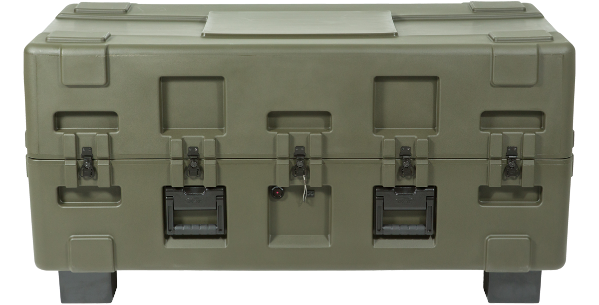 Front view of 3R Series case with 3R Forklift Riser Kit installed, showing reinforced risers for forklift compatibility.