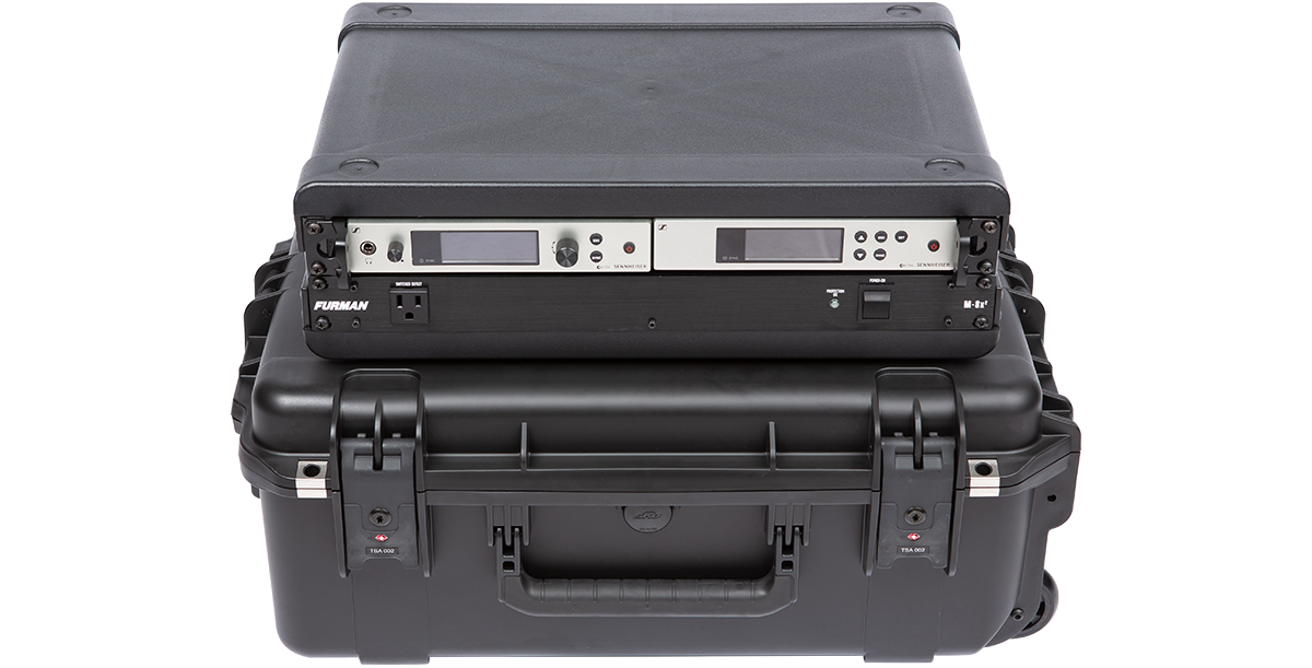 2U iSeries Fly Rack by SKB with installed audio gear, injection molded waterproof case ideal for travel and TSA inspections.