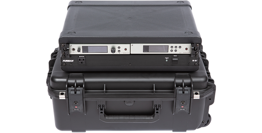 2U iSeries Fly Rack by SKB with installed audio gear, injection molded waterproof case ideal for travel and TSA inspections.