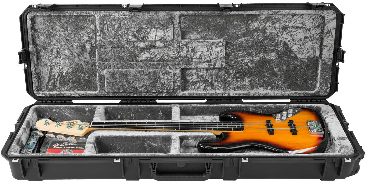 iSeries Waterproof Bass Guitar Case with open cavity and bass guitar inside, showing plush interior and secure neck support.