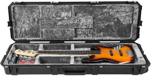 iSeries Waterproof Bass Guitar Case with open cavity and bass guitar inside, showing plush interior and secure neck support.