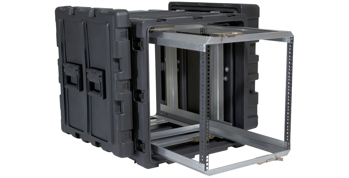 Side-open view of 11U Shock Rack - 24-Inch Shockproof Case displaying internal shock-mounted frame for sensitive equipment.