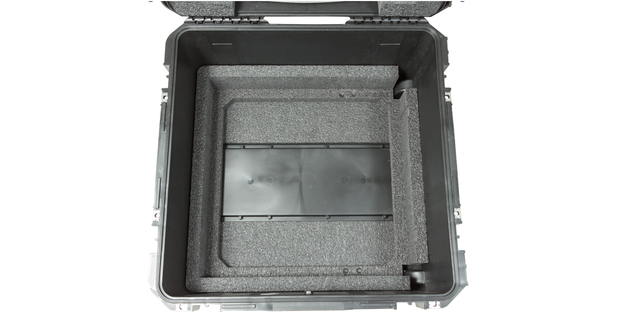 Interior top-down view of 10U Shock Rack iSeries Fly Rack, showing foam-lined base for shock absorption and secure fit.
