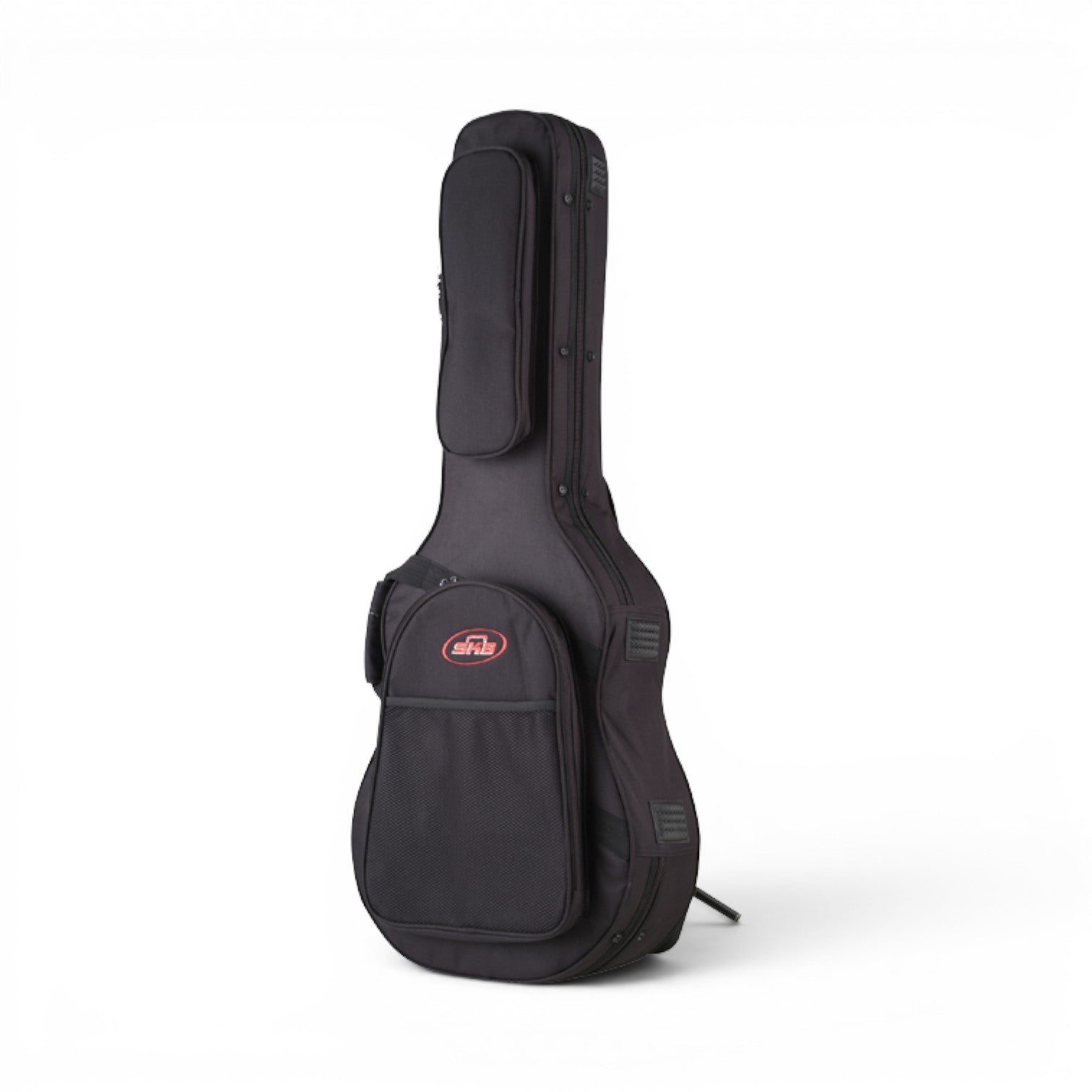 Side profile of Thin-line Guitar Soft Case showing reinforced edges and accessory pocket for added convenience and protection.
