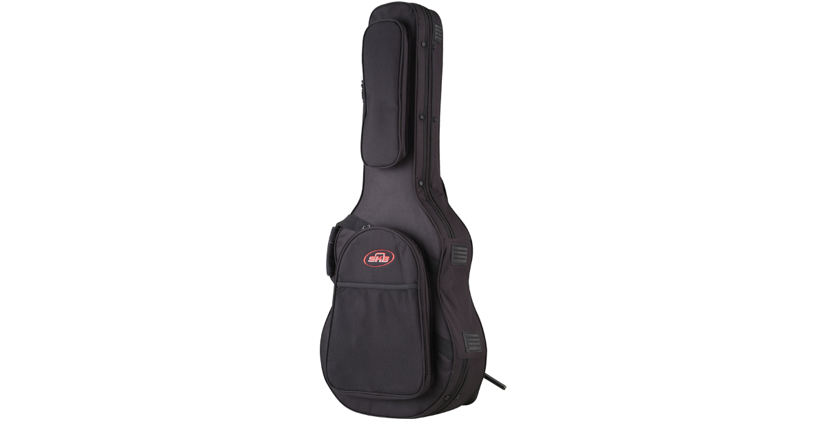 Side profile of Thin-line Guitar Soft Case showing reinforced edges and accessory pocket for added convenience and protection.