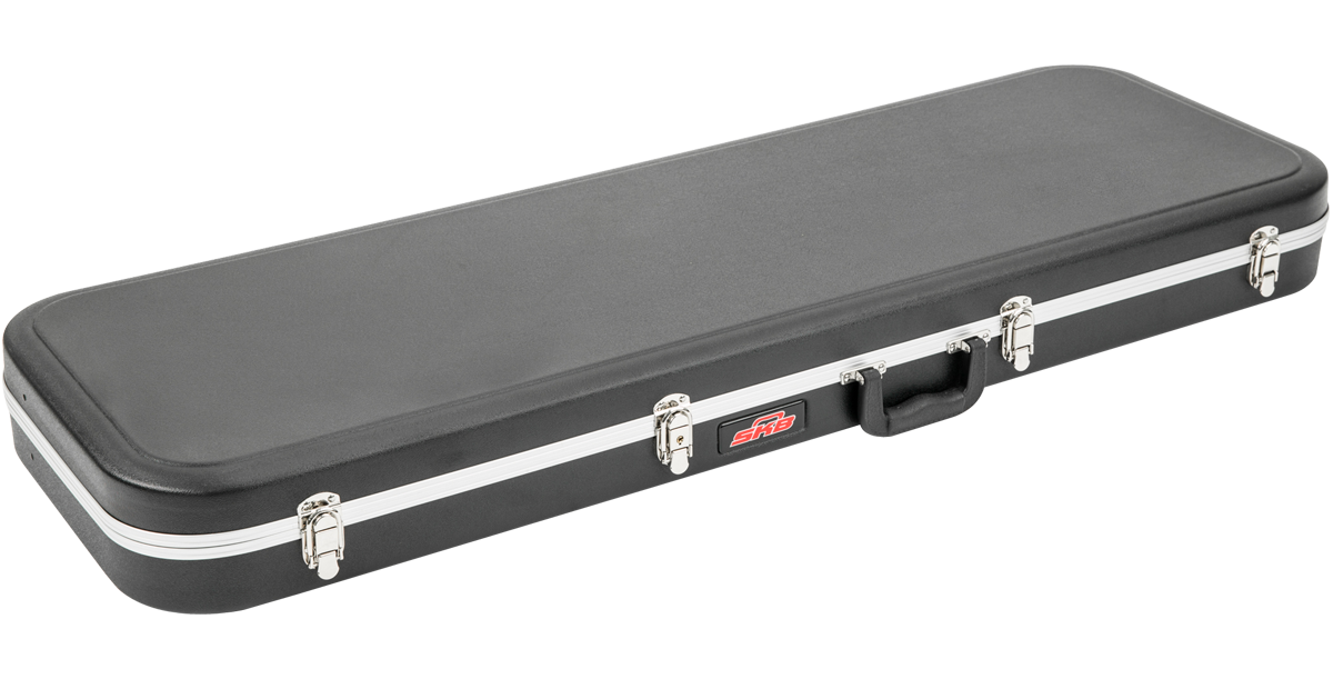 Closed Electric Bass Guitar Case - Economy model with hard shell exterior, secure latches, and SKB logo for durable transport.