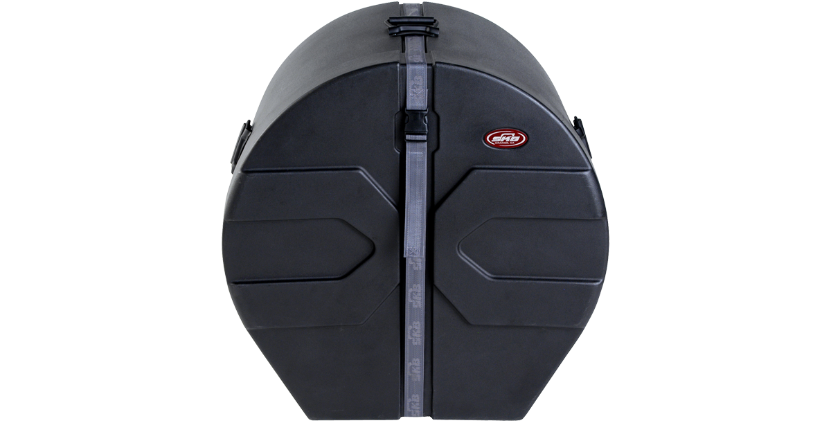Durable 18 x 24 bass drum case with roto-molded shell and secure strap closure, ideal for percussion protection and transport.