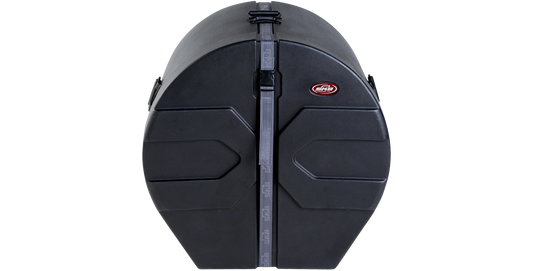 Durable 18 x 24 bass drum case with roto-molded shell and secure strap closure, ideal for percussion protection and transport.