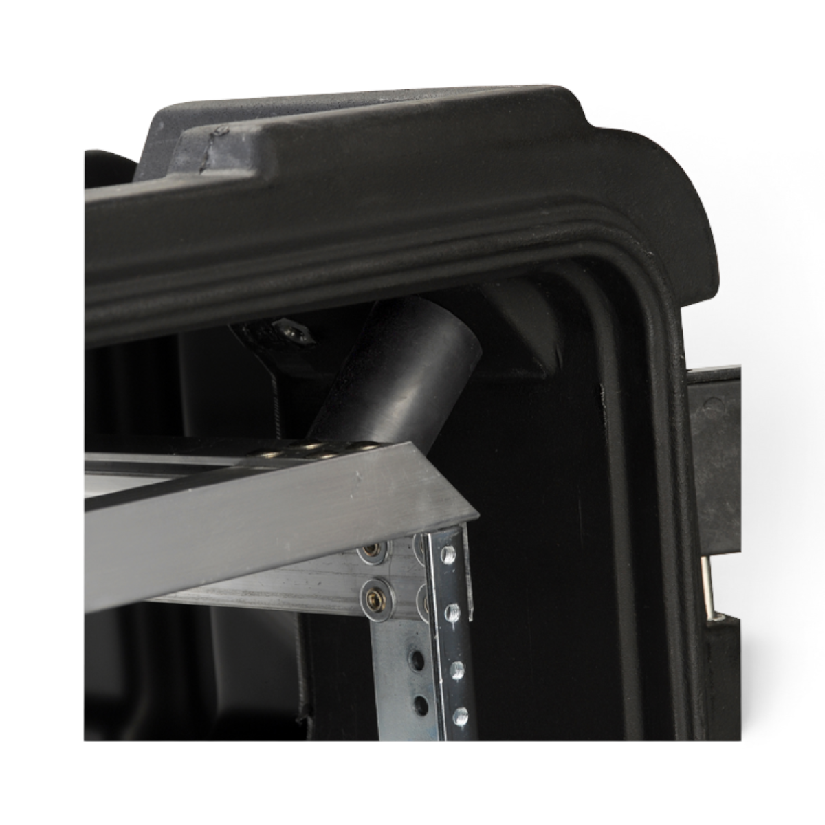 SKB Cases shock absorber kit installed inside a black protective rack case with metal frame components
