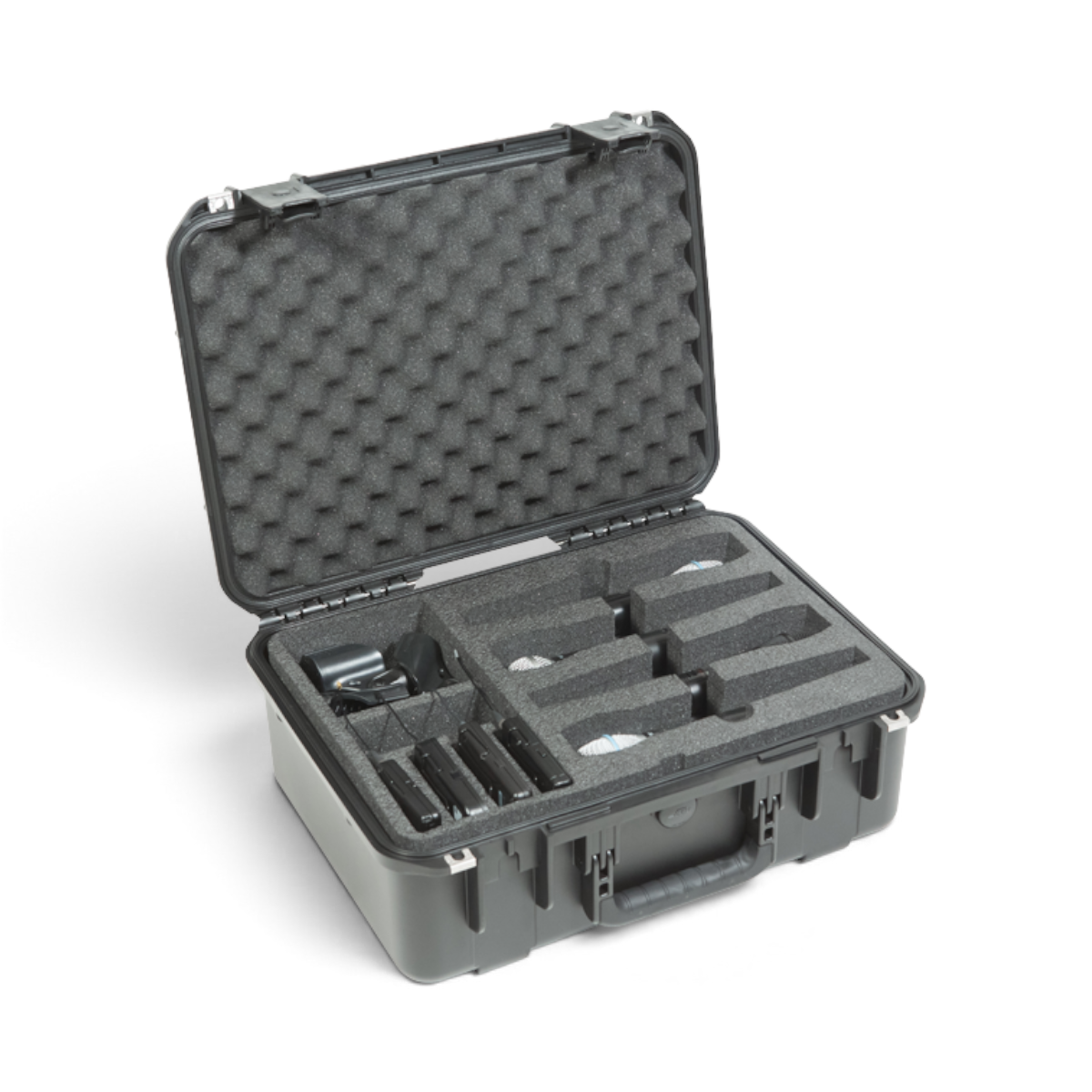 SKB Cases iSeries wireless microphone case with custom foam interior for eight mics and body pack transmitters.
