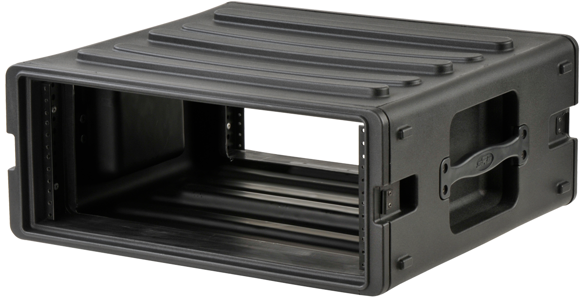 Angled side view of 4U rSeries Rack - Durable Rack Mount Case showing molded handles and rugged polyethylene body for home and garden use.
