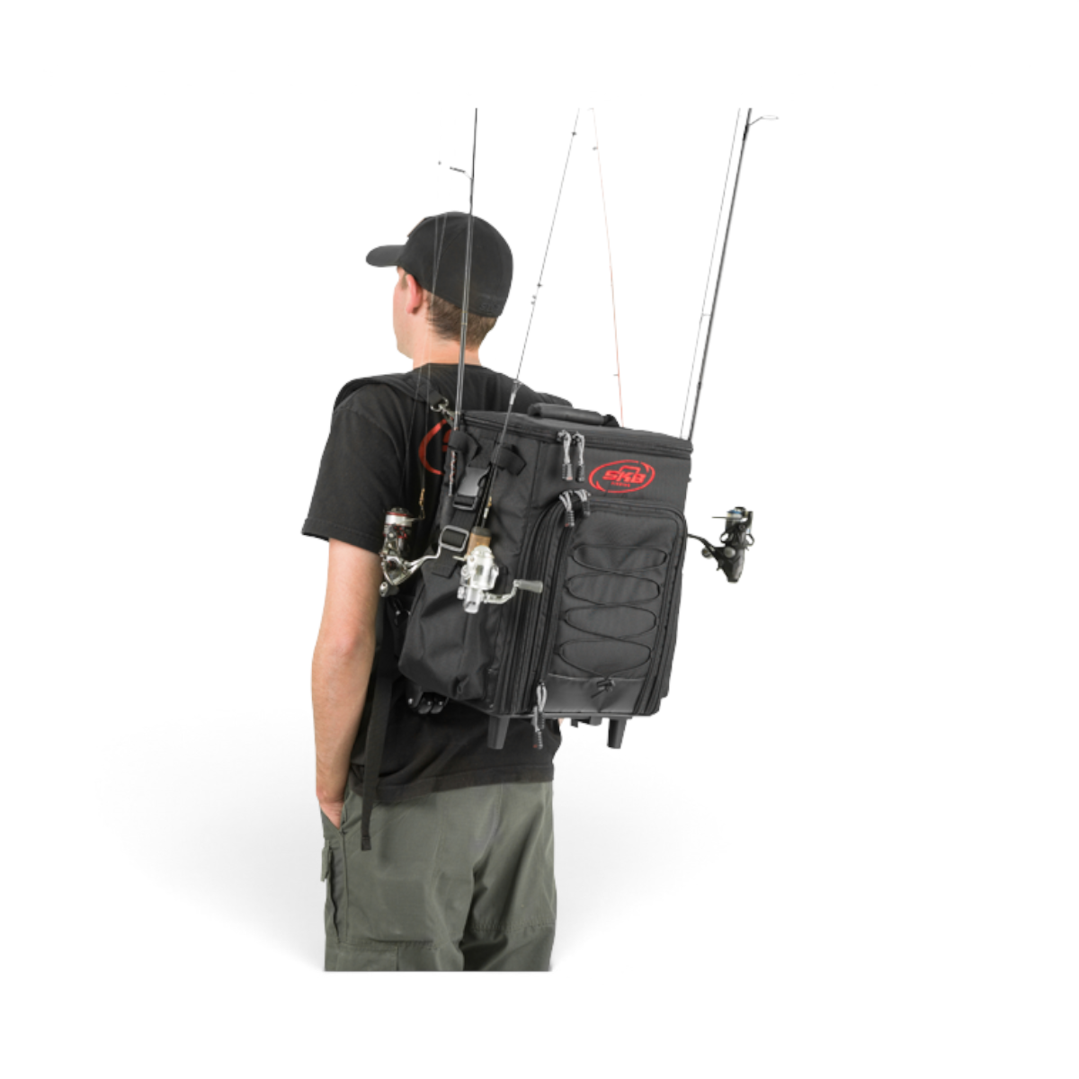 Man wearing a black SKB Cases Tak-Pak fishing backpack with rod holders and wheels on a white background
