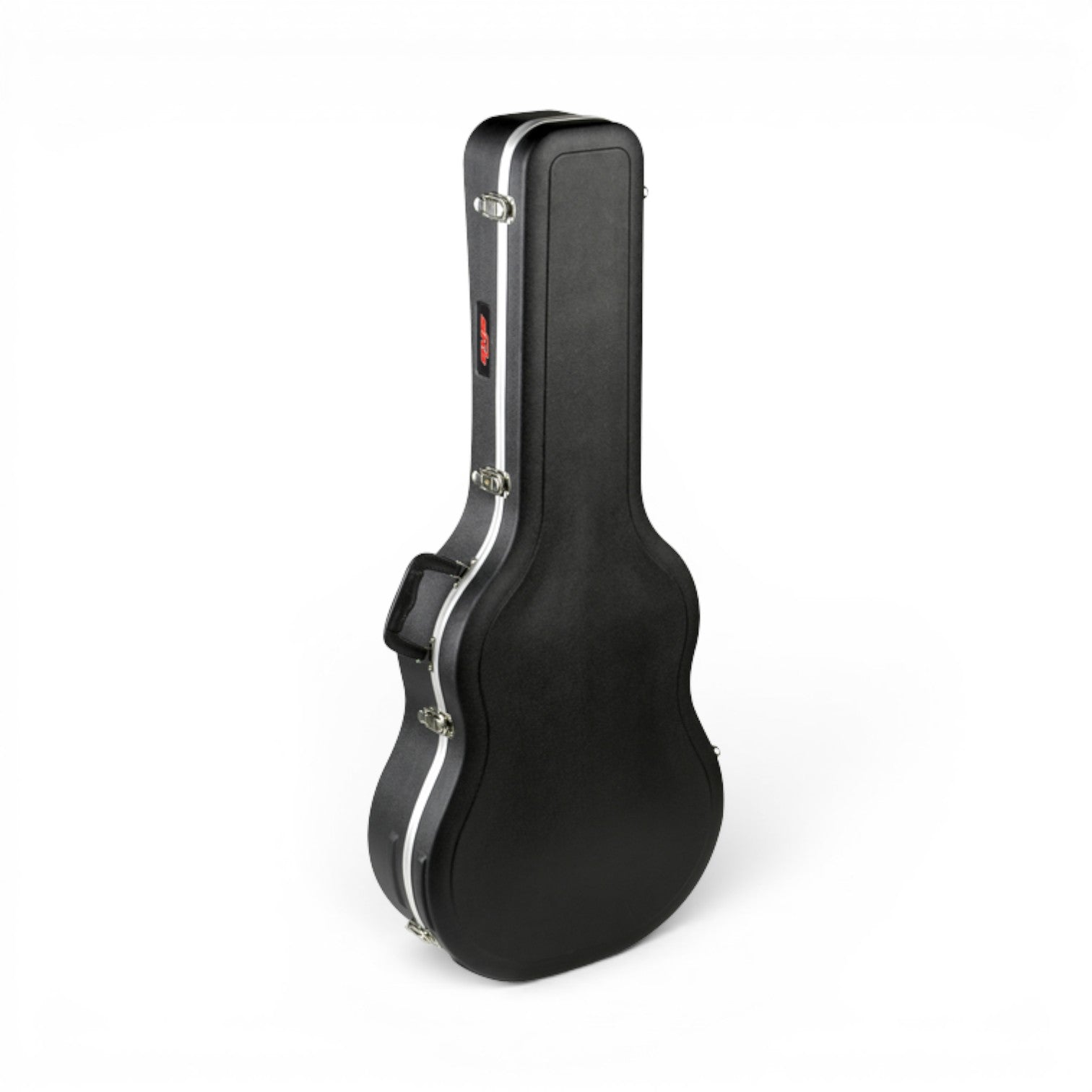 Side angle of SKB Economy acoustic guitar case, highlighting the reinforced edges and secure latches.