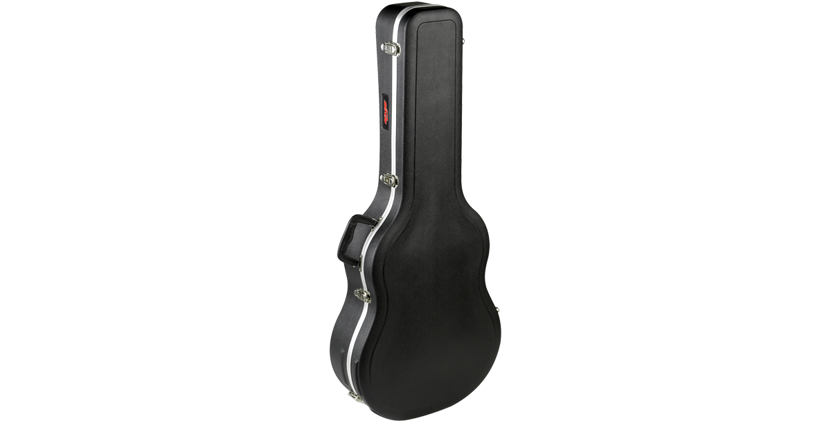 Side angle of SKB Economy acoustic guitar case, highlighting the reinforced edges and secure latches.