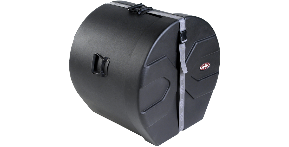 Side angle of Bass Drum Case 16x20 - Roto-molded, showing heavy-duty strap, molded design, and side handle for easy carrying.