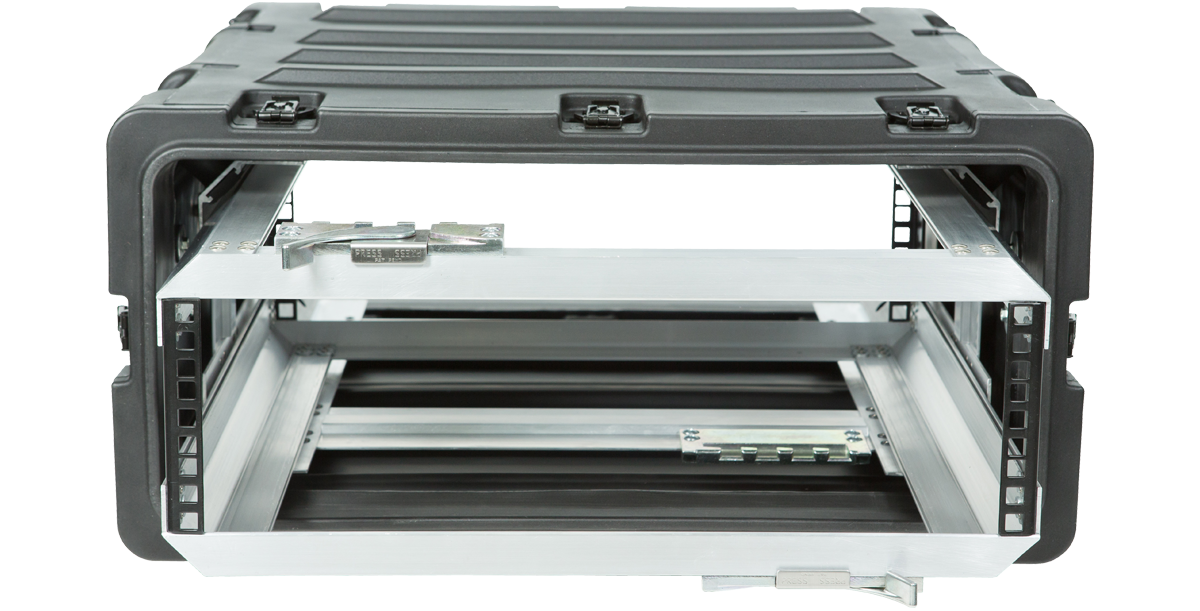 Close-up front view of 20 Inch Shock Rack - 3U RR Series with visible rack rails and shock-mounted frame for electronics safety.