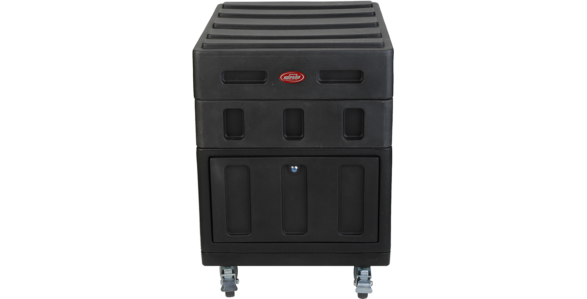 Front-facing Roto-Molded Gig Safe 14U Rack Case with lockable access panel and wheels, ideal for secure and mobile audio equipment setups.