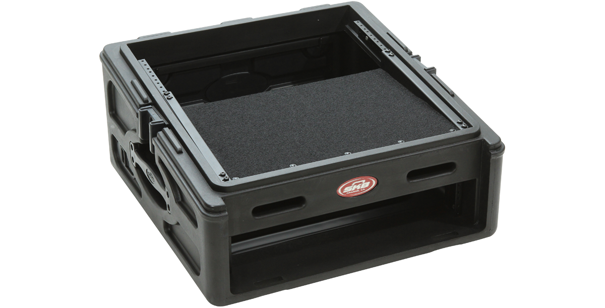 Side view of Velcro Rack Shelf fitted in a slant mount rack case, showcasing its compatibility with SKB rack systems.