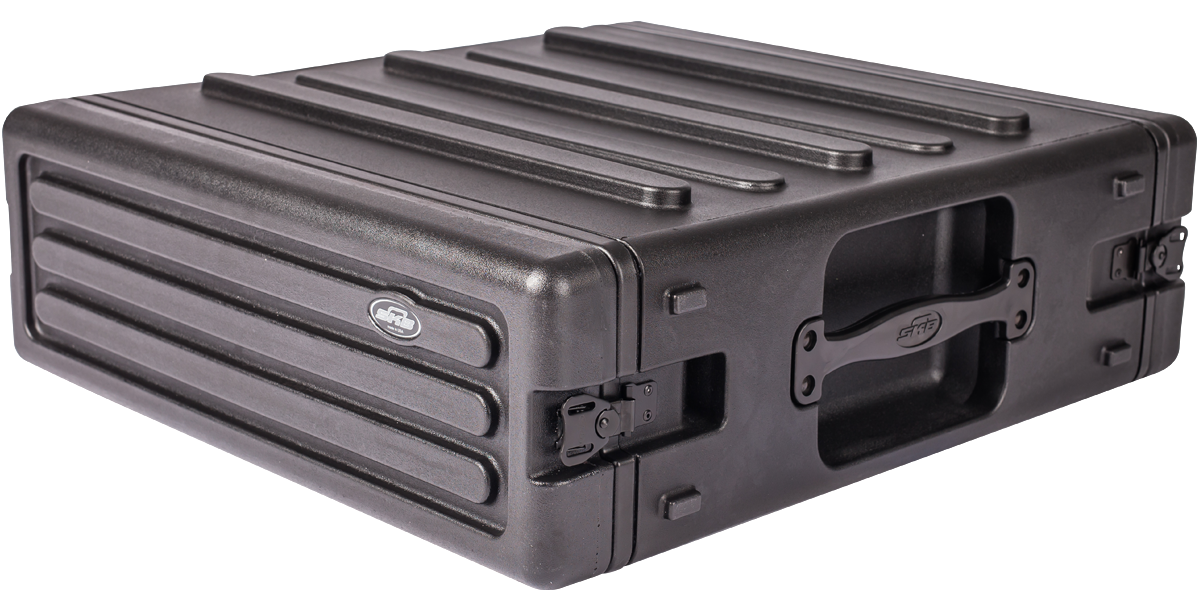 Angled front view of 3U rSeries Rack - 3U rack case with side handle and reinforced corners for stacking and transport.