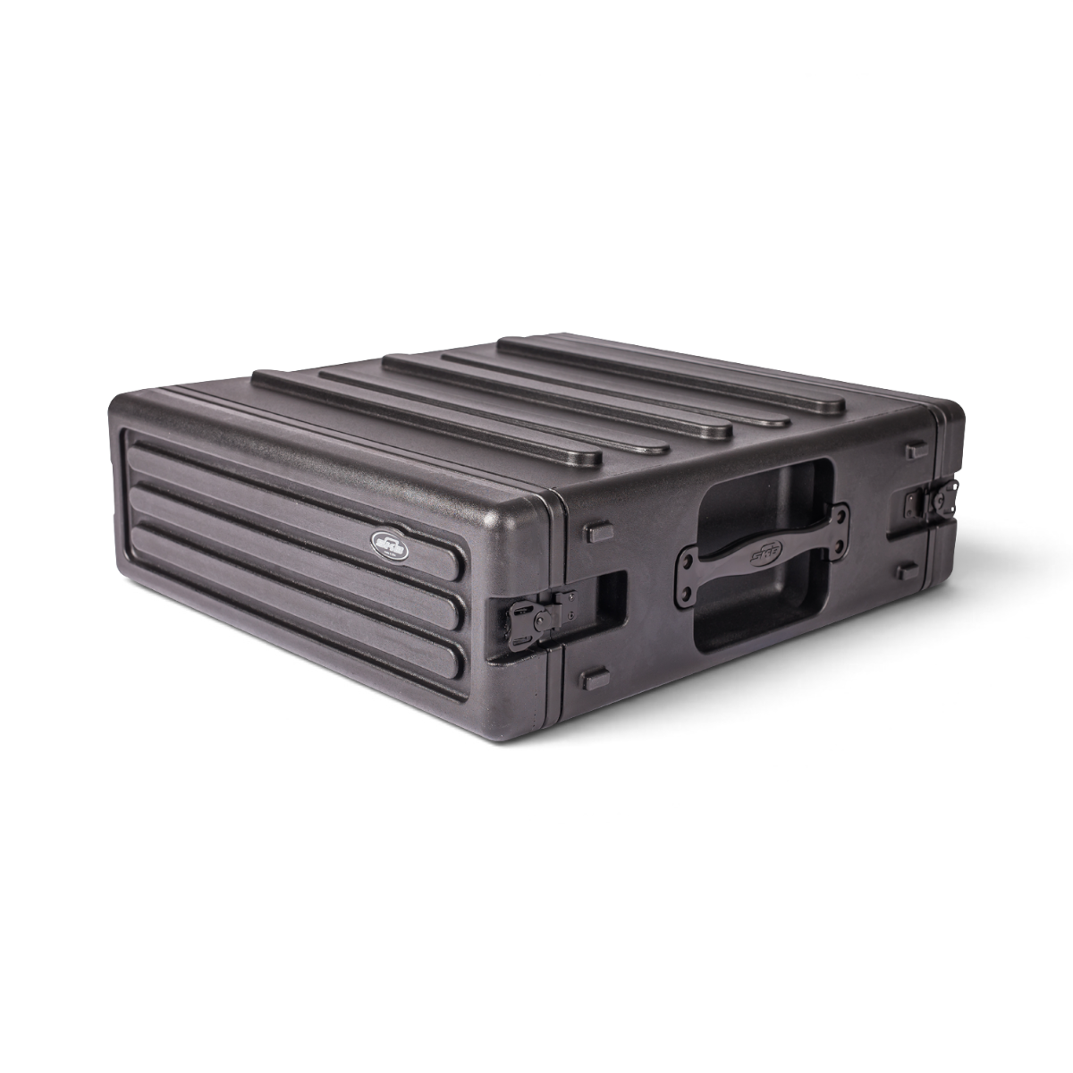 Angled front view of 3U rSeries Rack - 3U rack case with side handle and reinforced corners for stacking and transport.
