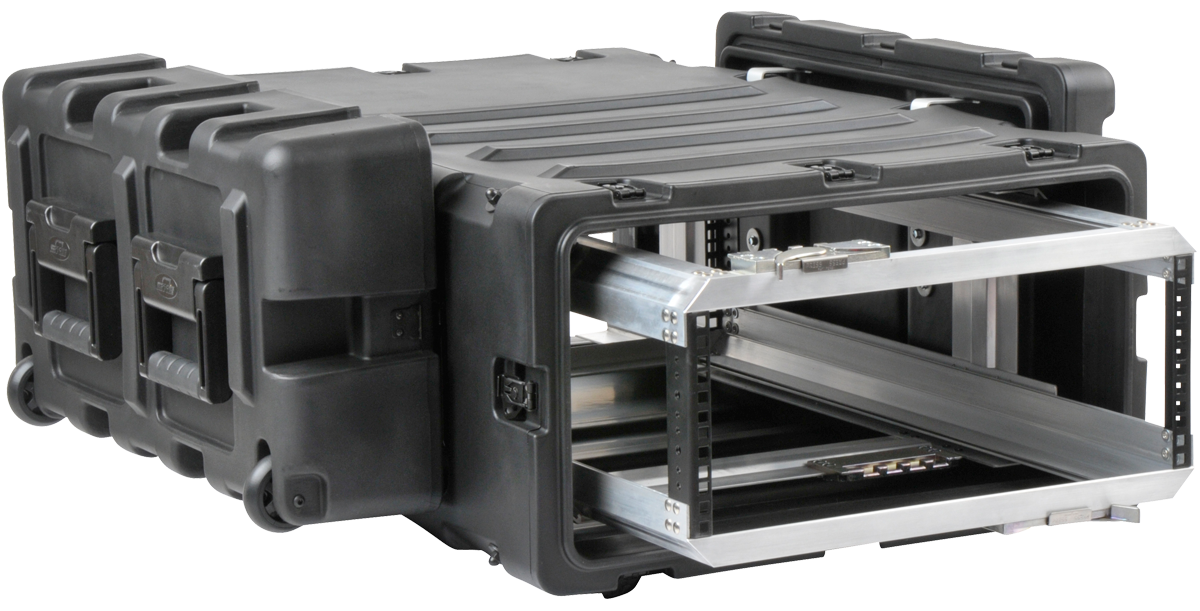 Side angle of SKB 4U RR Series Shockproof Rack with open access and rugged black housing for professional audio and electronic gear.