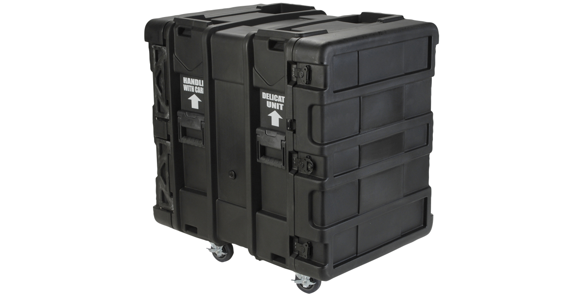 Closed 24-Inch rSeries Shock Rack - Durable & Efficient | 3SKB with labeled sides, ideal for transporting delicate server or pro-audio equipment safely.