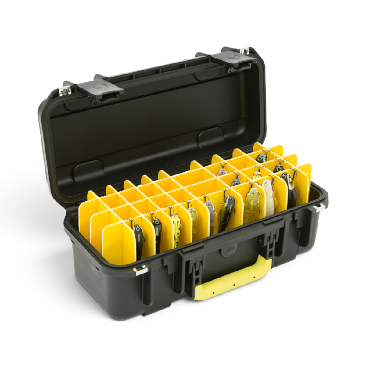 SKB Cases iSeries 1706-6 waterproof lure case in black with yellow interior dividers and handle
