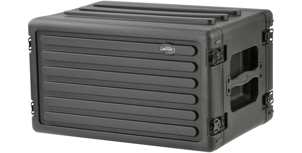 Angled rear view of 6U Shallow Rack - Durable Design with closed lid and Mil-Spec latches, ideal for secure and portable storage solutions.