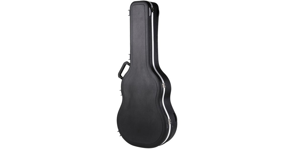 Angled side view of Acoustic Guitar Case - Dreadnought & 12-String with secure latches and molded contours for added durability.