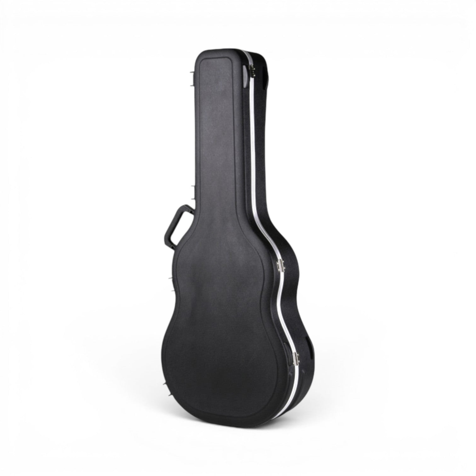 Angled side view of Acoustic Guitar Case - Dreadnought & 12-String with secure latches and molded contours for added durability.