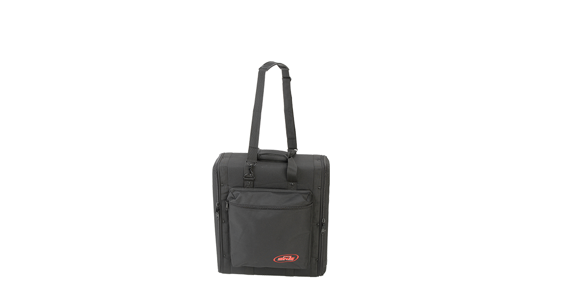 Vertical view of closed 2U Rack Soft Case - Wireless Microphone with adjustable shoulder strap and front zippered pouch.