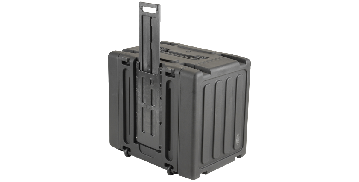 Angled rear view of 20-inch Shock Rack with extended handle and molded frame for durable, stackable storage.
