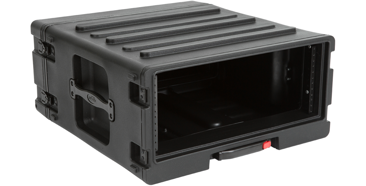 Empty 4U rSeries Roto Rolling Rack by SKB with open front, showing interior rack rails and durable polyethylene construction.