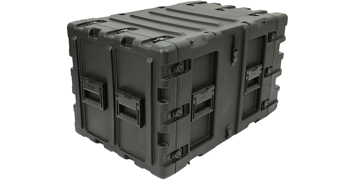 Side angle of SKB 24-Inch Shockproof Rack Case showing reinforced corners and multiple latches for military-grade protection.