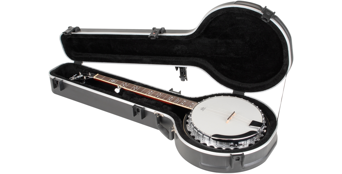 Universal Banjo Case with TSA Locks open to reveal a 4/5 string banjo inside, featuring molded foam interior for secure travel protection.