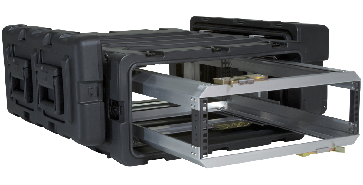 Angled open view of 24-Inch Shockproof Rack Case showing removable shock racks. Provides secure, vibration-resistant storage for electronics.