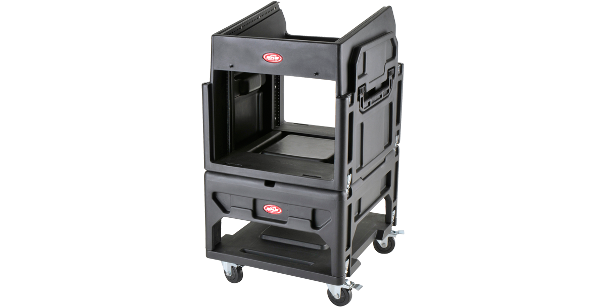 Empty SKB Gig Rig rack case with durable molded shell and locking castors, designed for customizable pro audio equipment setup.
