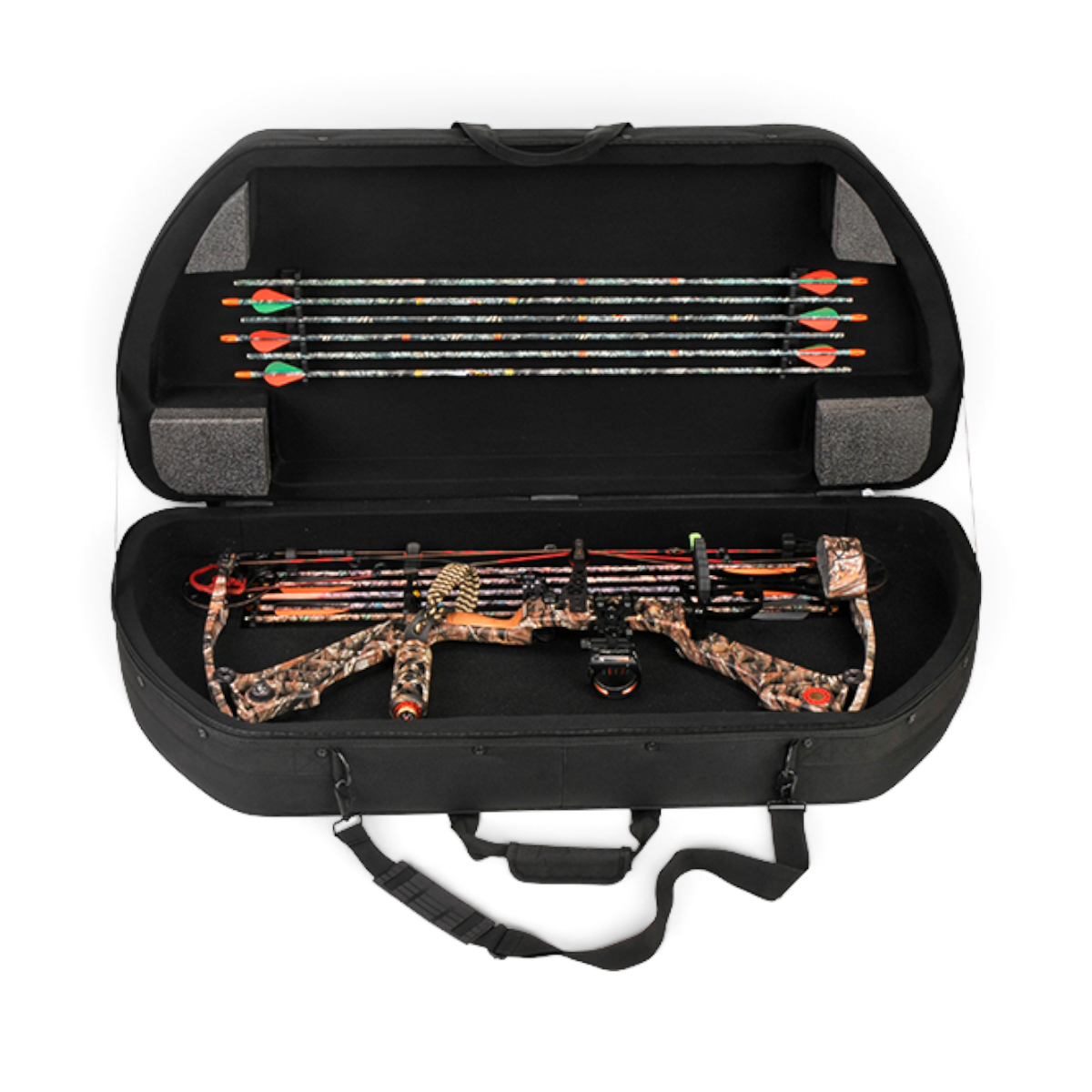 SKB Cases Hybrid 4120 bow case in black ballistic nylon with an open lid showing arrow storage and a camo compound bow
