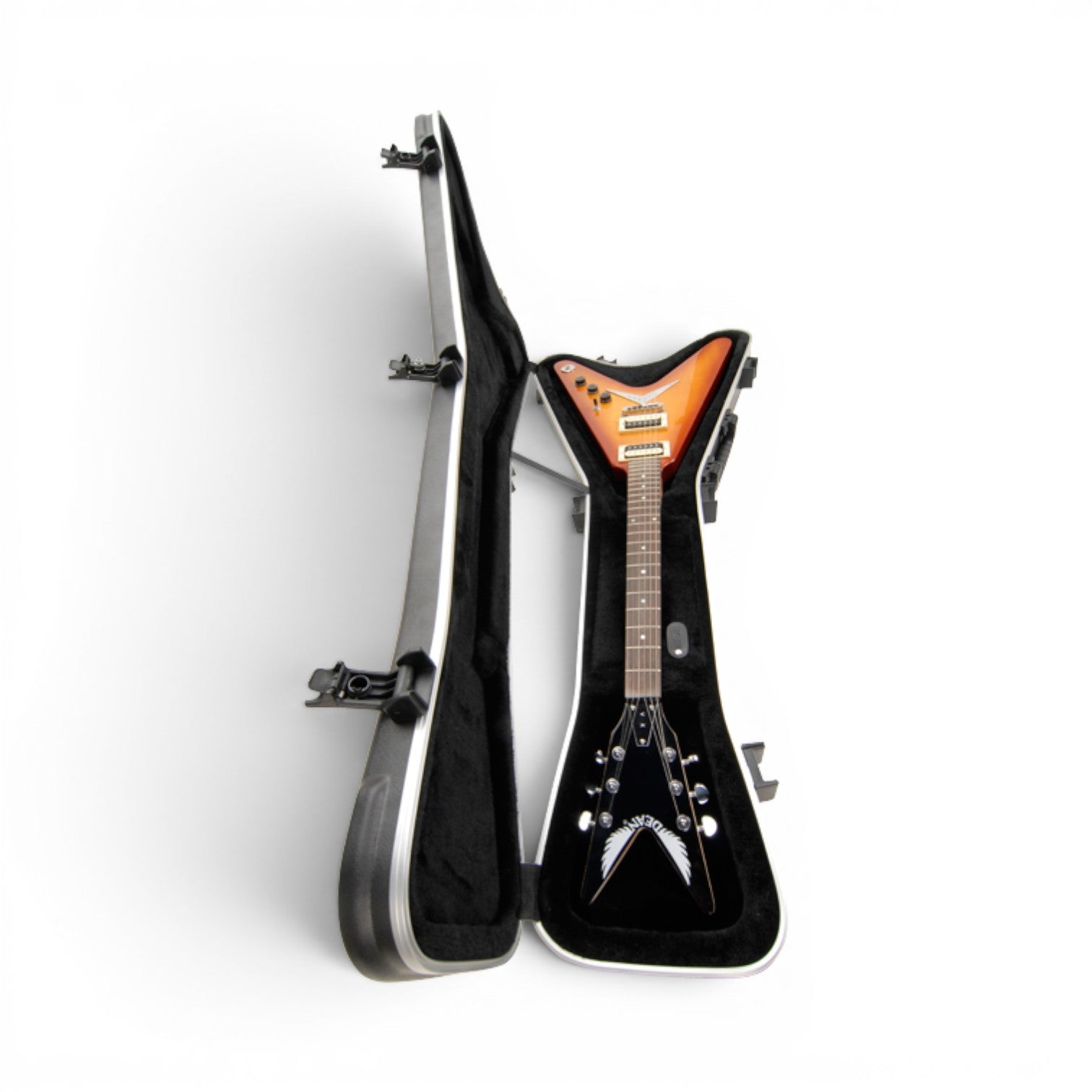 Flying V guitar vertically placed in Flying V® Hardshell Guitar Case, showcasing snug fit and interior padding for safe storage.
