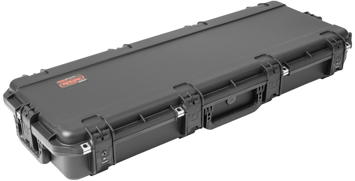 Side angle of closed waterproof electric guitar case, featuring TSA-approved locks and reinforced corners for impact resistance.