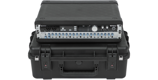 Injection Molded Fly Rack 2U Case with mounted audio interface, showcasing watertight and durable design for pro audio transport.