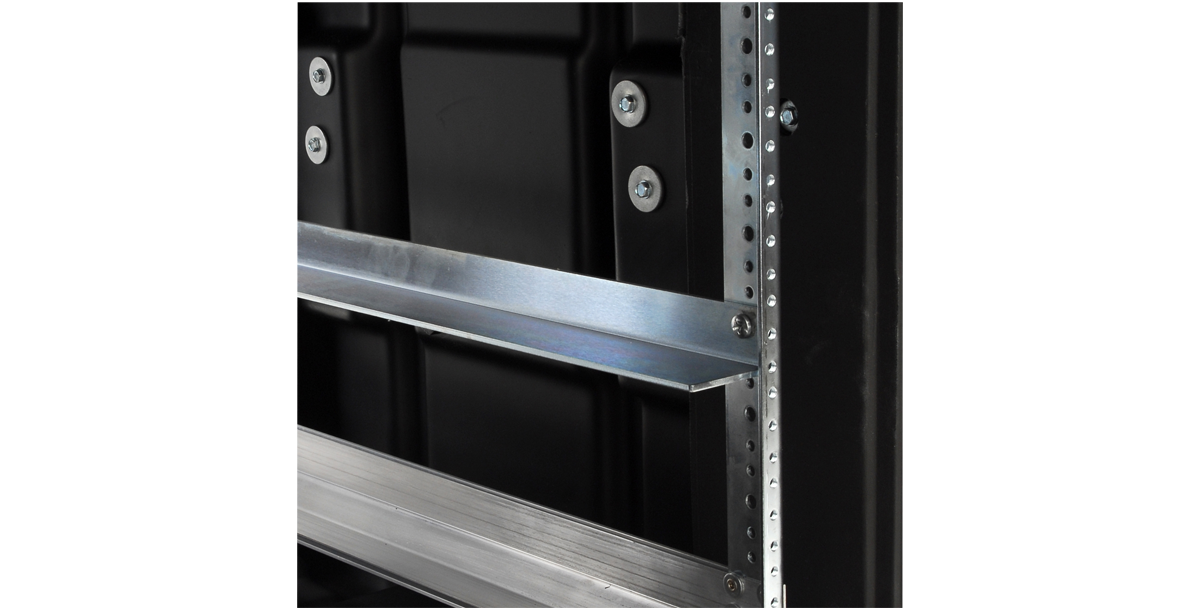Zinc plated 28 inch support rail installed in a shock rack case, providing structural support for heavy pro audio equipment.